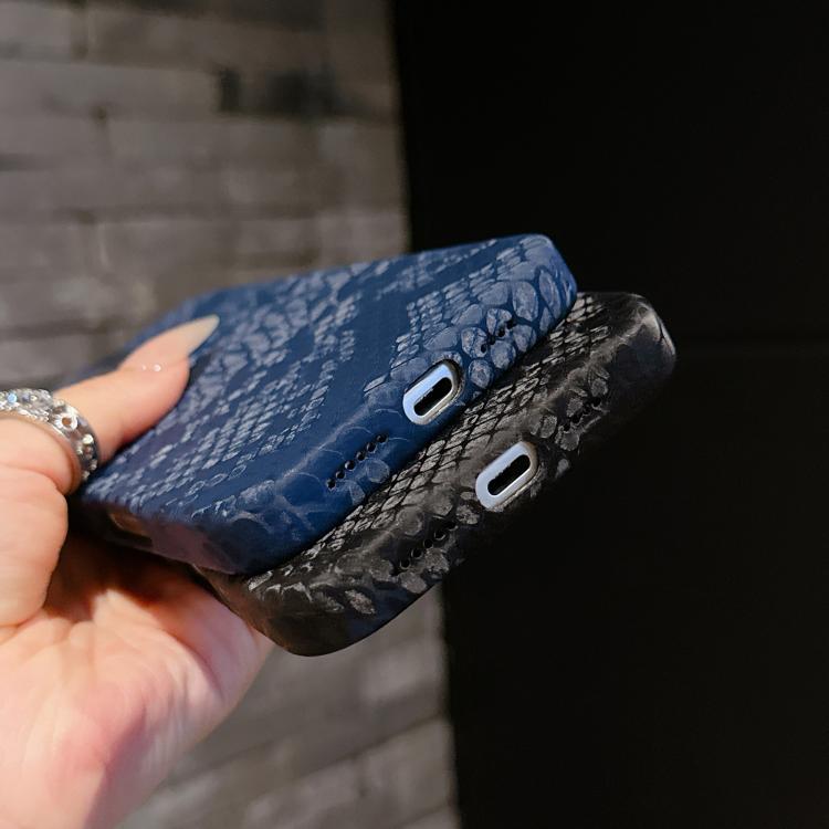For iPhone 16 Plus Plain Leather Snake Texture PC MagSafe Phone Case