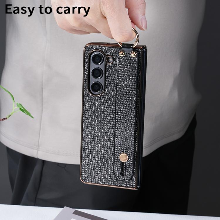 For Samsung Galaxy Z Fold5 5G Integrated Electroplated PC Glitter Texture Shockproof Phone Case with Wrist Strap / Ring