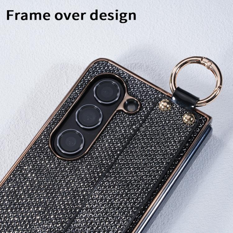 For Samsung Galaxy Z Fold5 5G Integrated Electroplated PC Glitter Texture Shockproof Phone Case with Wrist Strap / Ring