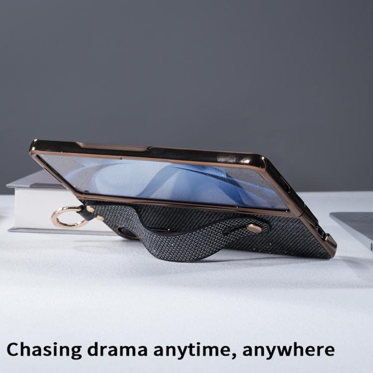 For Samsung Galaxy Z Fold5 5G Integrated Electroplated PC Glitter Texture Shockproof Phone Case with Wrist Strap / Ring