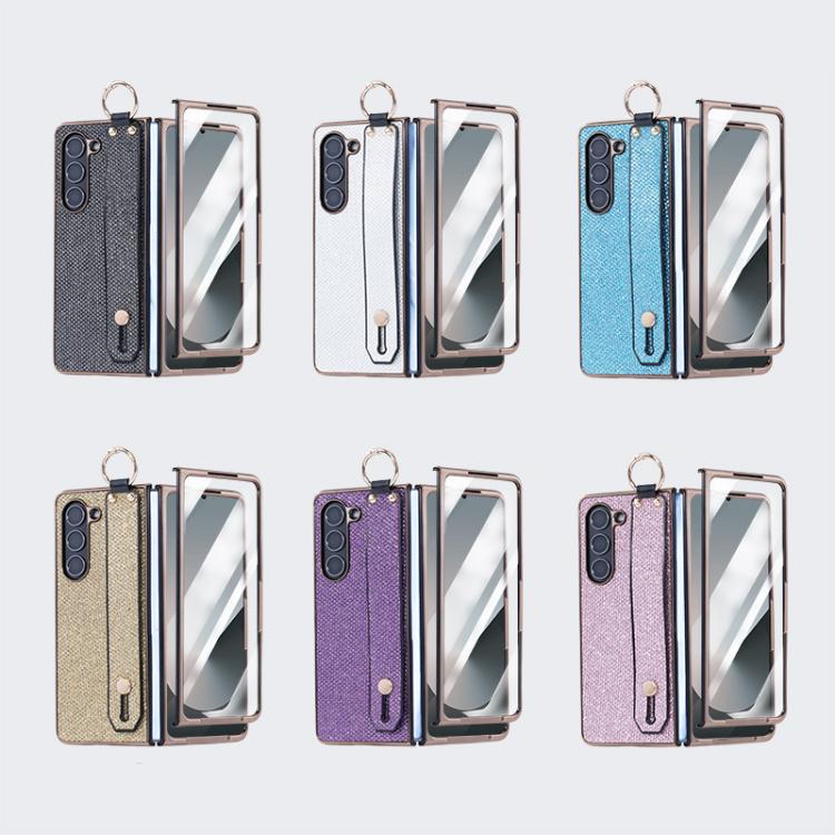 For Samsung Galaxy Z Fold5 5G Integrated Electroplated PC Glitter Texture Shockproof Phone Case with Wrist Strap / Ring
