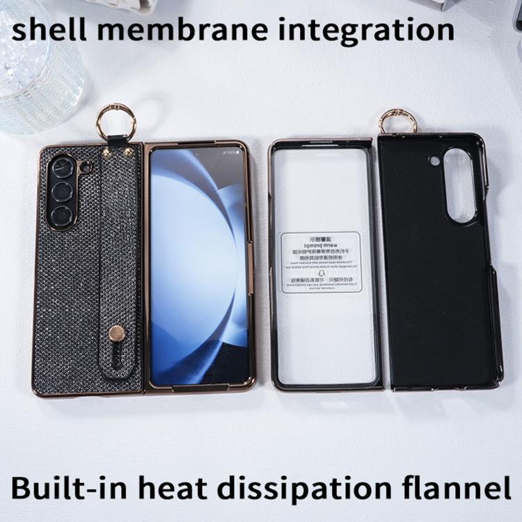 For Samsung Galaxy Z Fold5 5G Integrated Electroplated PC Glitter Texture Shockproof Phone Case with Wrist Strap / Ring
