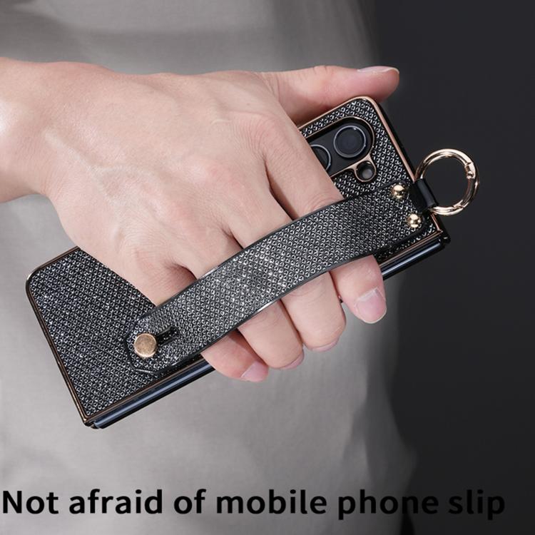 For Samsung Galaxy Z Fold5 5G Integrated Electroplated PC Glitter Texture Shockproof Phone Case with Wrist Strap / Ring