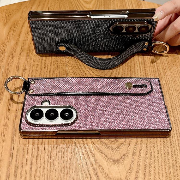 For Samsung Galaxy Z Fold7 5G Integrated Electroplated PC Glitter Texture Shockproof Phone Case with Wrist Strap / Ring