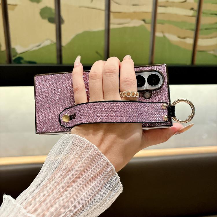 For Samsung Galaxy Z Fold7 5G Integrated Electroplated PC Glitter Texture Shockproof Phone Case with Wrist Strap / Ring