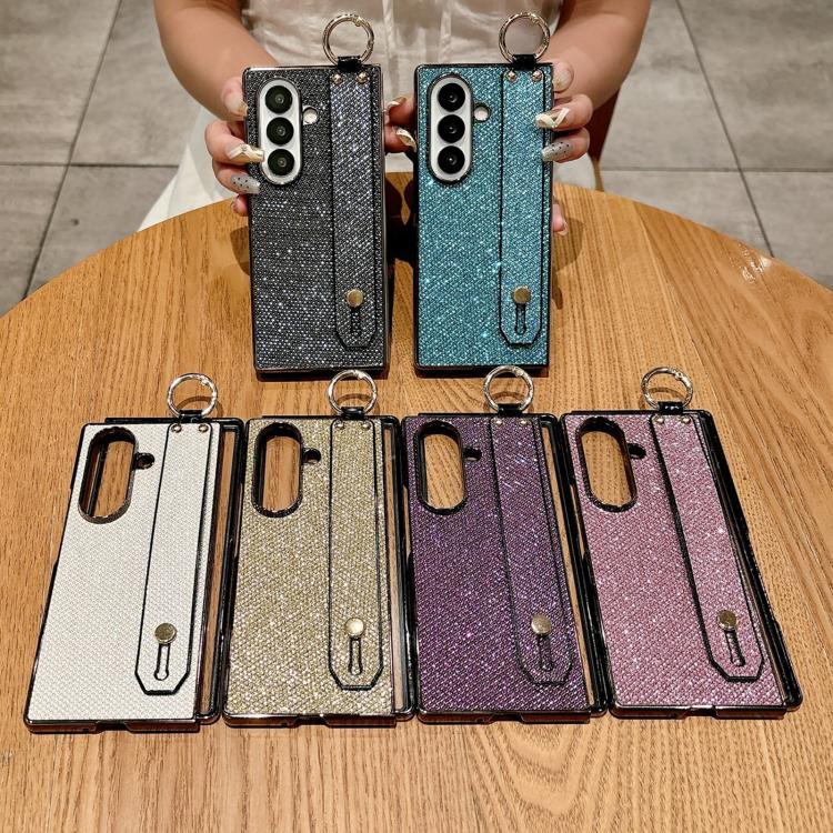 For Samsung Galaxy Z Fold7 5G Integrated Electroplated PC Glitter Texture Shockproof Phone Case with Wrist Strap / Ring