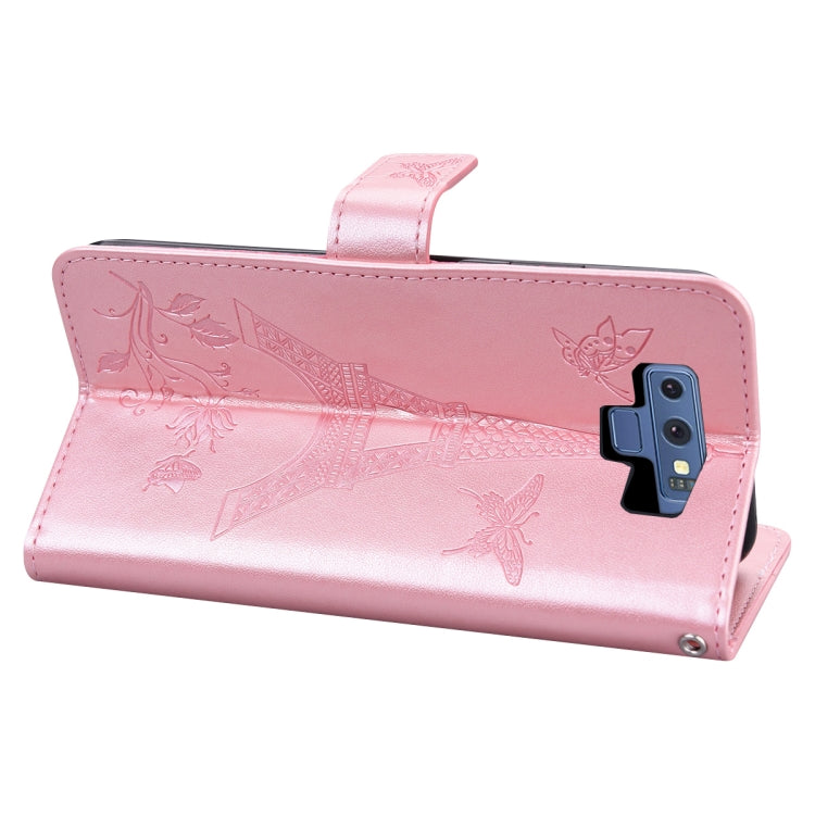 For Samsung Galaxy Note9 Embossing Tower Butterflies Pattern Horizontal Flip PU Leather Case with Holder & Card Slot & Wallet