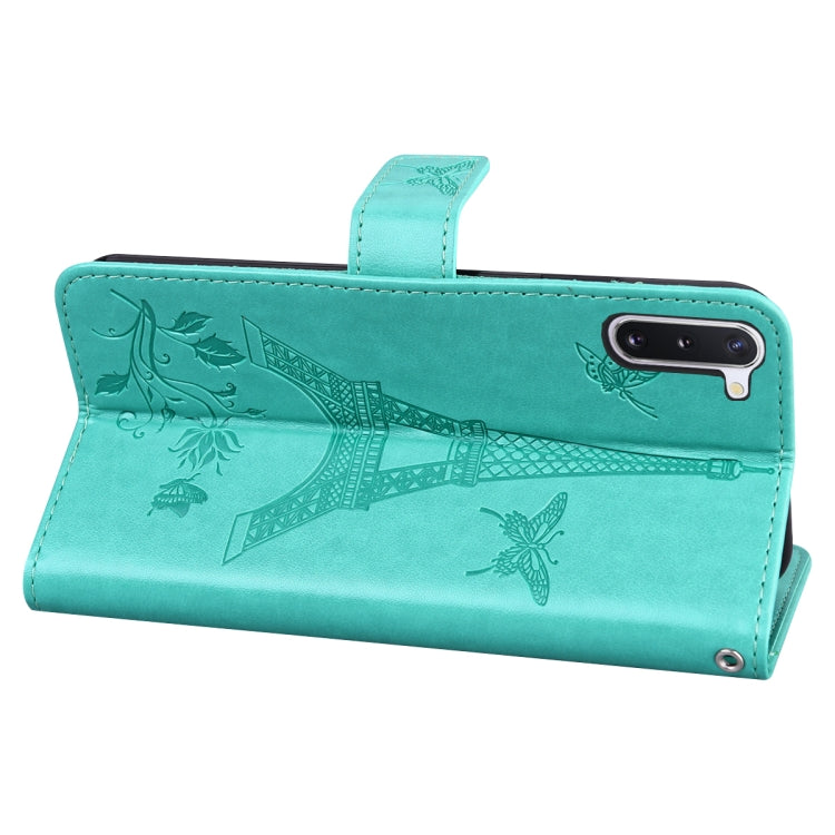 For Samsung Galaxy Note10 Embossing Tower Butterflies Pattern Horizontal Flip PU Leather Case with Holder & Card Slot & Wallet