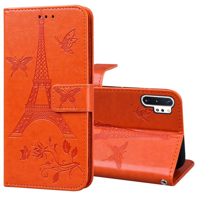For Samsung Galaxy Note10+ Embossing Tower Butterflies Pattern Horizontal Flip PU Leather Case with Holder & Card Slot & Wallet