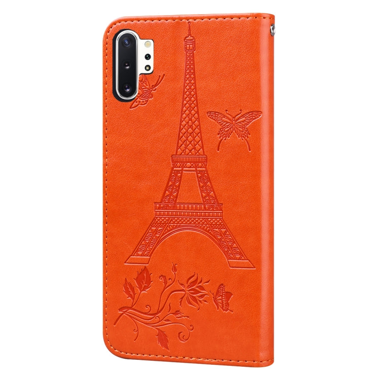 For Samsung Galaxy Note10+ Embossing Tower Butterflies Pattern Horizontal Flip PU Leather Case with Holder & Card Slot & Wallet