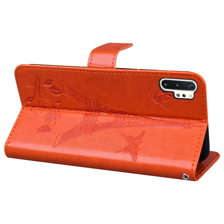 For Samsung Galaxy Note10+ Embossing Tower Butterflies Pattern Horizontal Flip PU Leather Case with Holder & Card Slot & Wallet