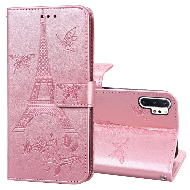 For Samsung Galaxy Note10+ Embossing Tower Butterflies Pattern Horizontal Flip PU Leather Case with Holder & Card Slot & Wallet