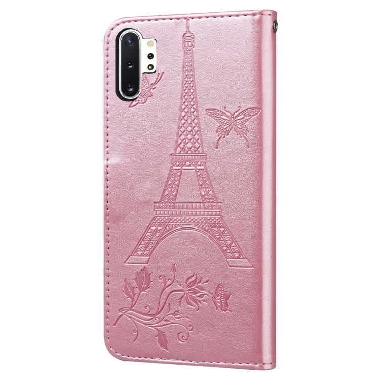 For Samsung Galaxy Note10+ Embossing Tower Butterflies Pattern Horizontal Flip PU Leather Case with Holder & Card Slot & Wallet