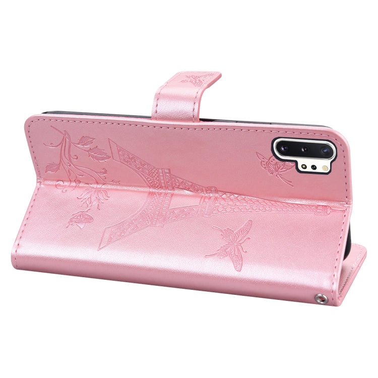 For Samsung Galaxy Note10+ Embossing Tower Butterflies Pattern Horizontal Flip PU Leather Case with Holder & Card Slot & Wallet