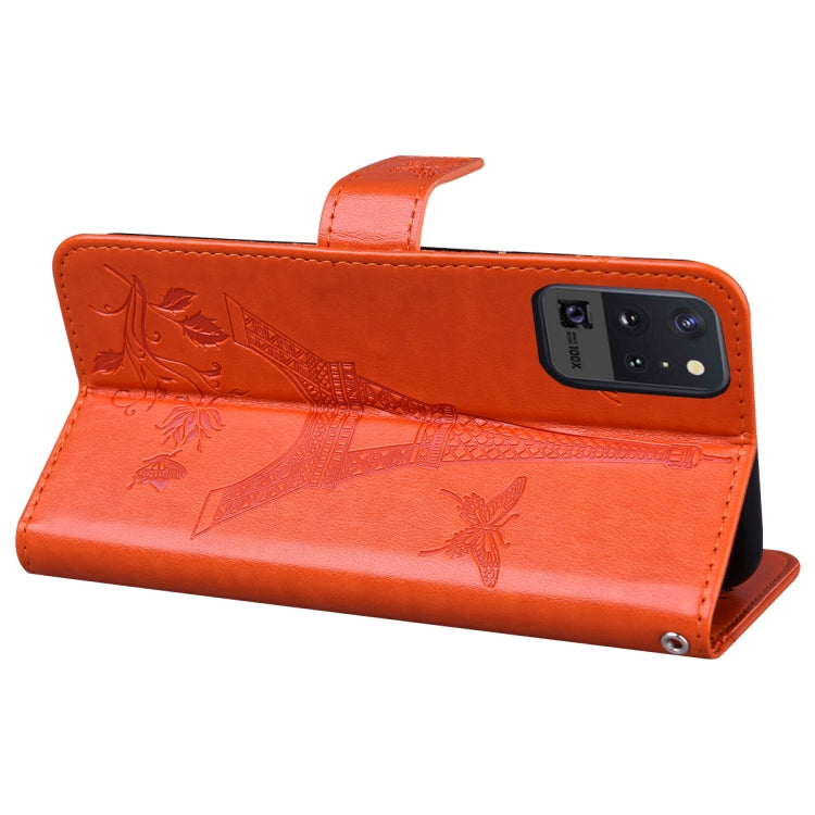 For Samsung Galaxy Note20 5G Embossing Tower Butterflies Pattern Horizontal Flip PU Leather Case with Holder & Card Slot & Wallet