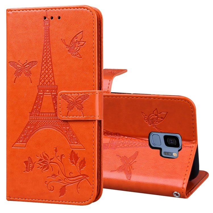 For Samsung Galaxy S9 Embossing Tower Butterflies Pattern Horizontal Flip PU Leather Case with Holder & Card Slot & Wallet