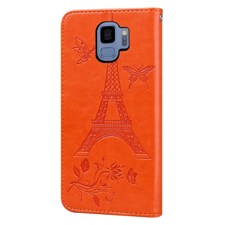 For Samsung Galaxy S9 Embossing Tower Butterflies Pattern Horizontal Flip PU Leather Case with Holder & Card Slot & Wallet
