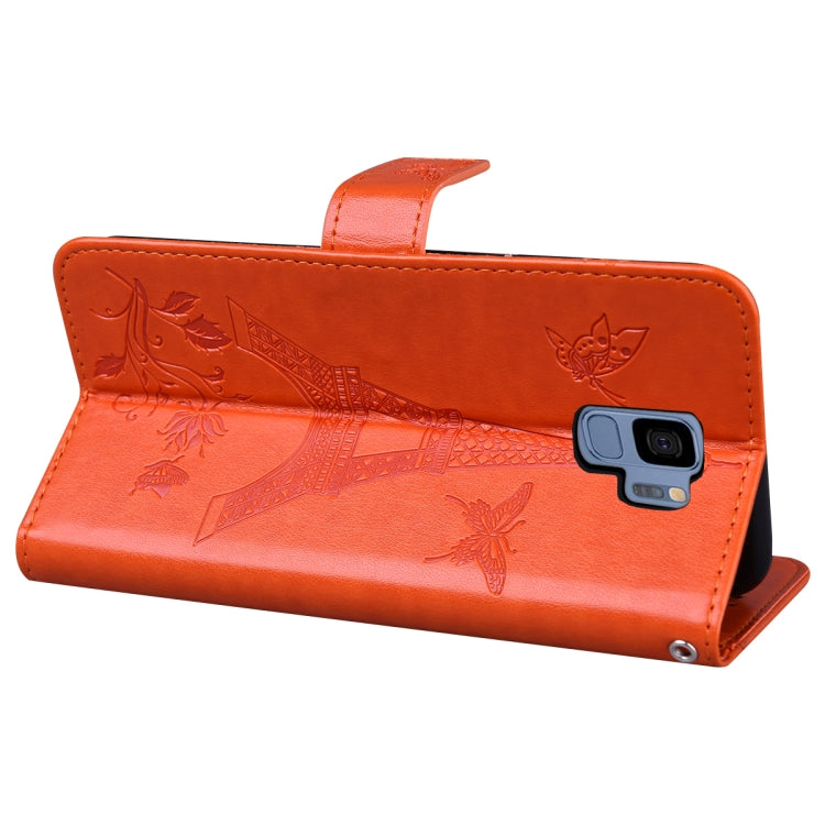 For Samsung Galaxy S9 Embossing Tower Butterflies Pattern Horizontal Flip PU Leather Case with Holder & Card Slot & Wallet