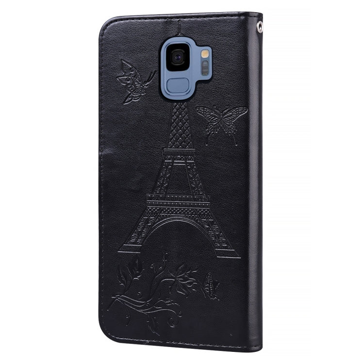 For Samsung Galaxy S9 Embossing Tower Butterflies Pattern Horizontal Flip PU Leather Case with Holder & Card Slot & Wallet