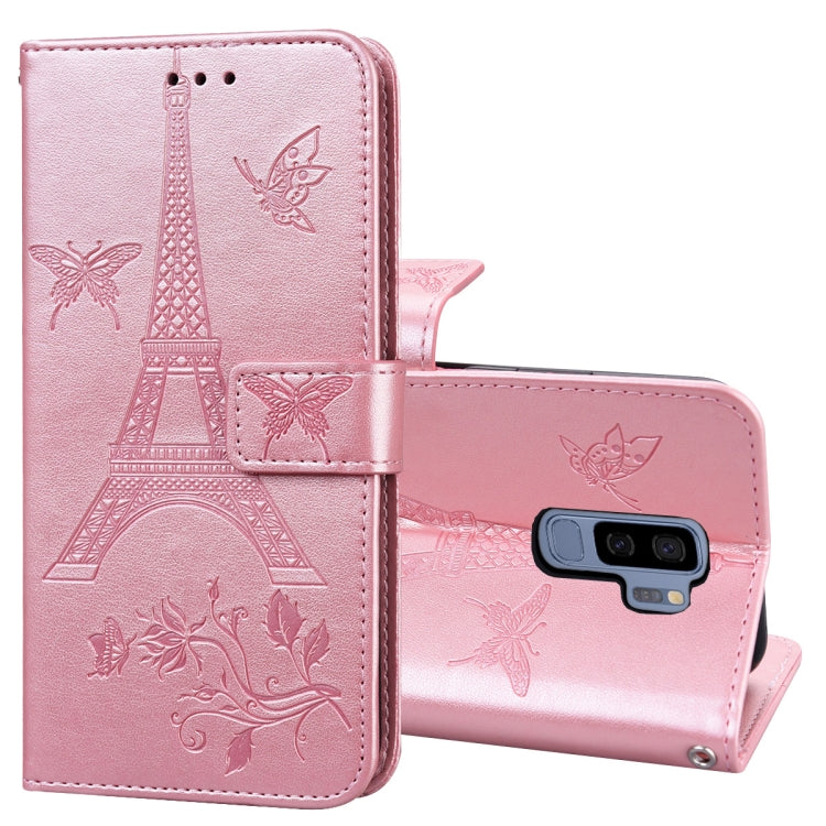 For Samsung Galaxy S9+ Embossing Tower Butterflies Pattern Horizontal Flip PU Leather Case with Holder & Card Slot & Wallet