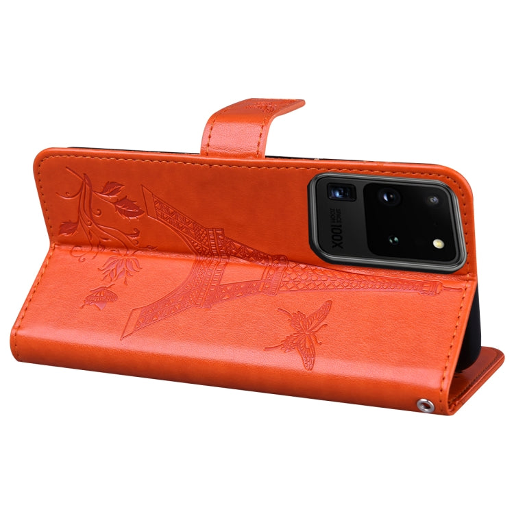 For Samsung Galaxy S20 Ultra Embossing Tower Butterflies Pattern Horizontal Flip PU Leather Case with Holder & Card Slot & Wallet