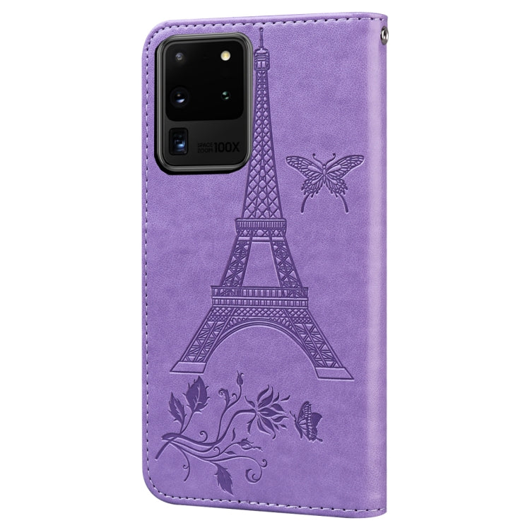 For Samsung Galaxy S20 Ultra Embossing Tower Butterflies Pattern Horizontal Flip PU Leather Case with Holder & Card Slot & Wallet