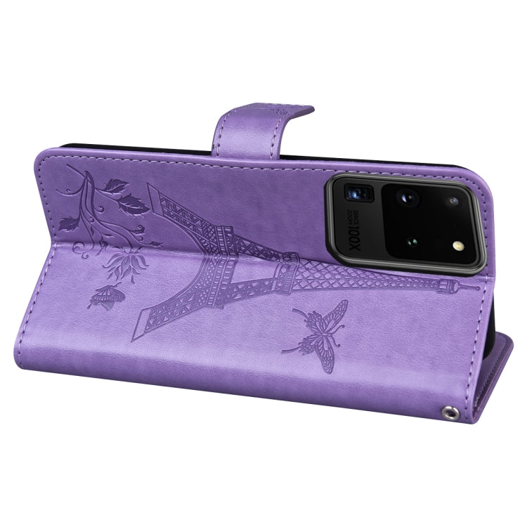 For Samsung Galaxy S20 Ultra Embossing Tower Butterflies Pattern Horizontal Flip PU Leather Case with Holder & Card Slot & Wallet