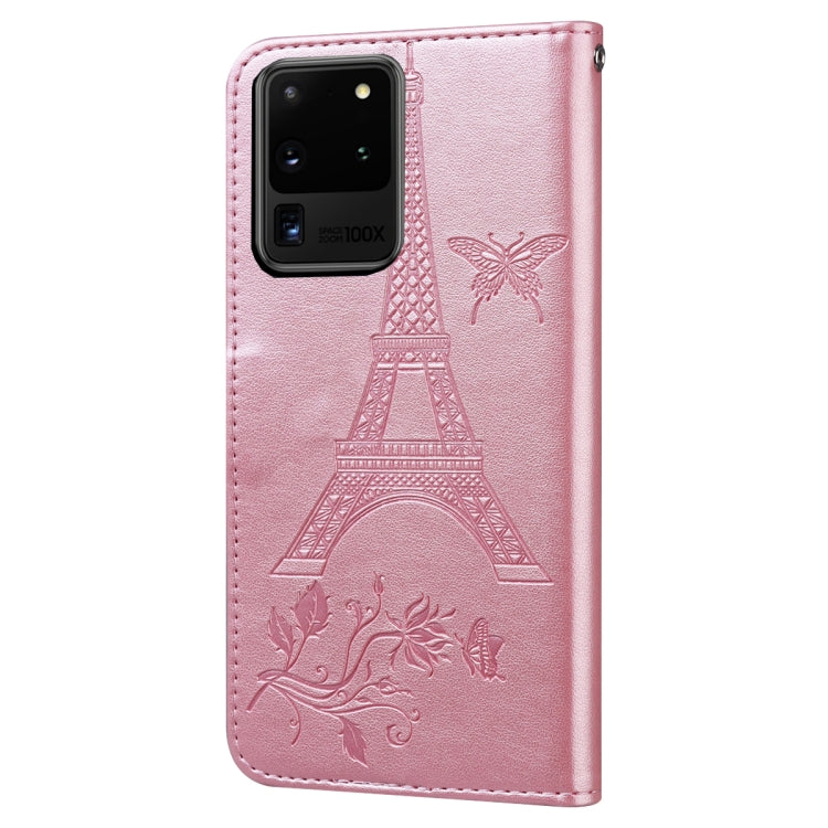 For Samsung Galaxy S20 Ultra Embossing Tower Butterflies Pattern Horizontal Flip PU Leather Case with Holder & Card Slot & Wallet