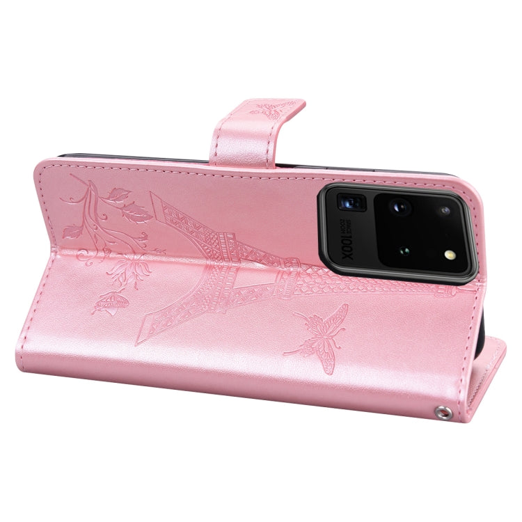 For Samsung Galaxy S20 Ultra Embossing Tower Butterflies Pattern Horizontal Flip PU Leather Case with Holder & Card Slot & Wallet
