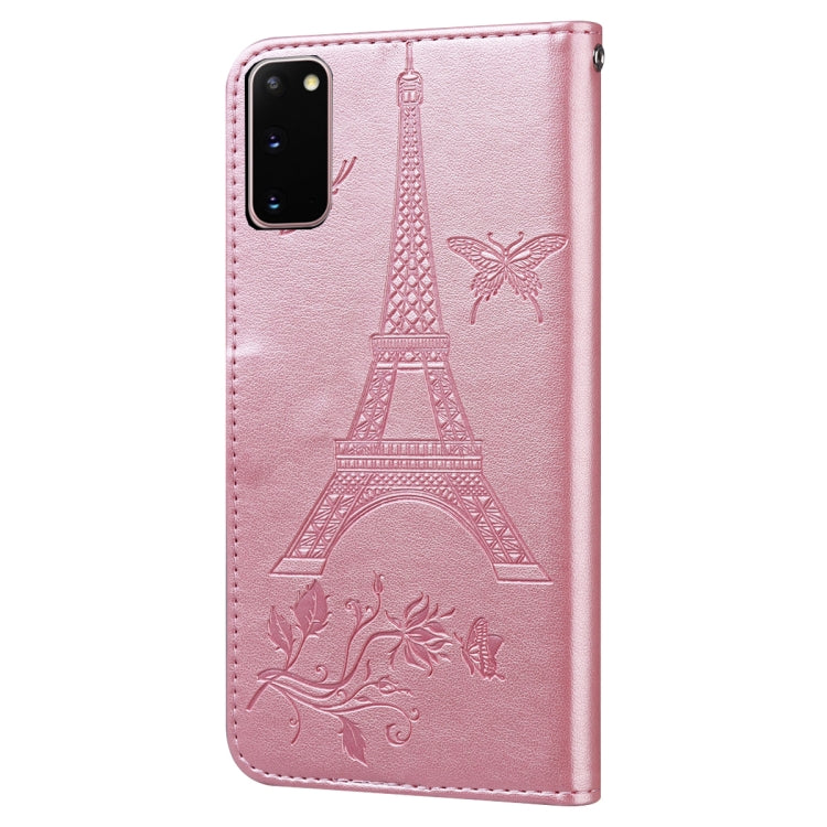 For Samsung Galaxy S20 Embossing Tower Butterflies Pattern Horizontal Flip PU Leather Case with Holder & Card Slot & Wallet