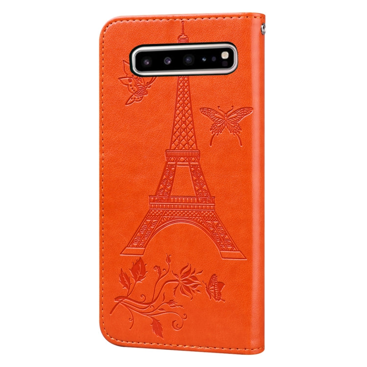 For Samsung Galaxy S10 5G Embossing Tower Butterflies Pattern Horizontal Flip PU Leather Case with Holder & Card Slot & Wallet