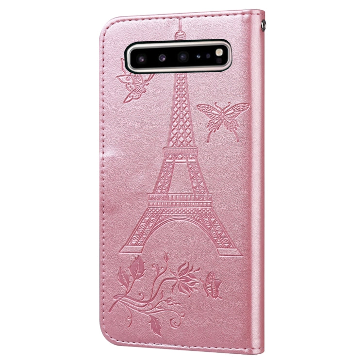 For Samsung Galaxy S10 5G Embossing Tower Butterflies Pattern Horizontal Flip PU Leather Case with Holder & Card Slot & Wallet