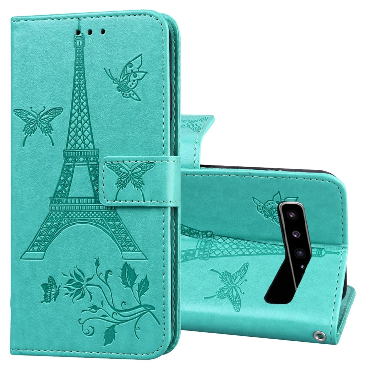 For Samsung Galaxy S10 5G Embossing Tower Butterflies Pattern Horizontal Flip PU Leather Case with Holder & Card Slot & Wallet
