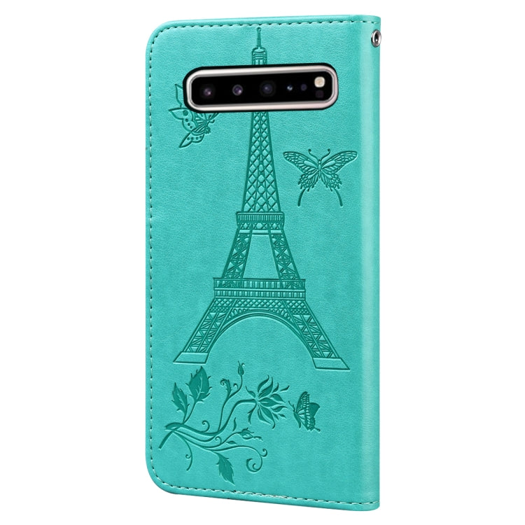 For Samsung Galaxy S10 5G Embossing Tower Butterflies Pattern Horizontal Flip PU Leather Case with Holder & Card Slot & Wallet