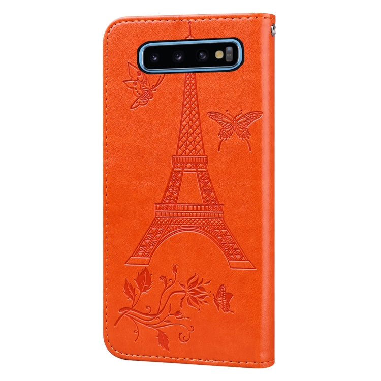 For Samsung Galaxy S10 Embossing Tower Butterflies Pattern Horizontal Flip PU Leather Case with Holder & Card Slot & Wallet