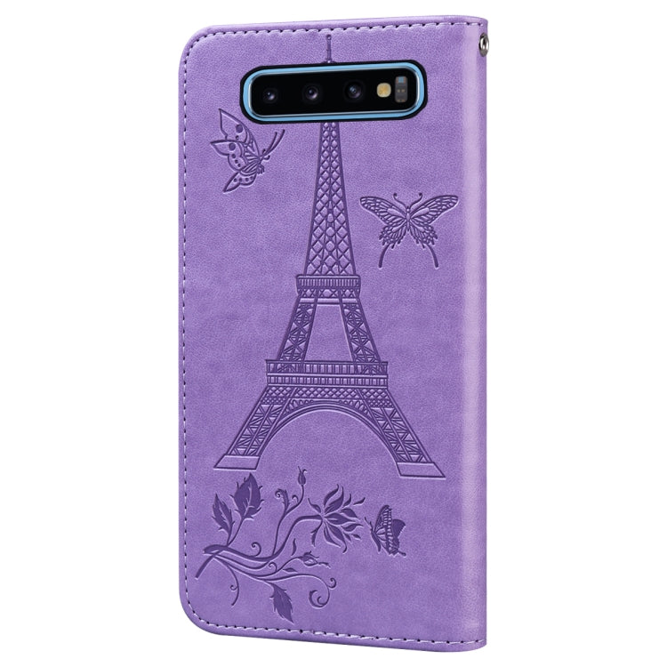 For Samsung Galaxy S10 Embossing Tower Butterflies Pattern Horizontal Flip PU Leather Case with Holder & Card Slot & Wallet