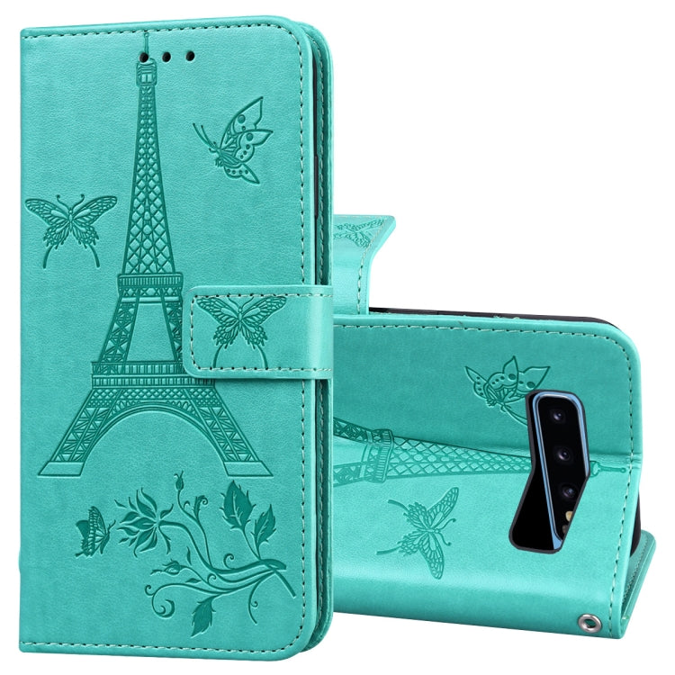For Samsung Galaxy S10 Embossing Tower Butterflies Pattern Horizontal Flip PU Leather Case with Holder & Card Slot & Wallet