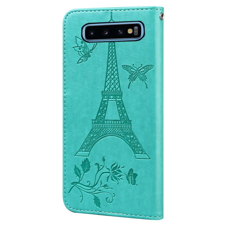 For Samsung Galaxy S10 Embossing Tower Butterflies Pattern Horizontal Flip PU Leather Case with Holder & Card Slot & Wallet