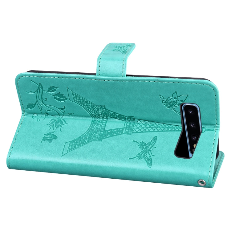For Samsung Galaxy S10 Embossing Tower Butterflies Pattern Horizontal Flip PU Leather Case with Holder & Card Slot & Wallet