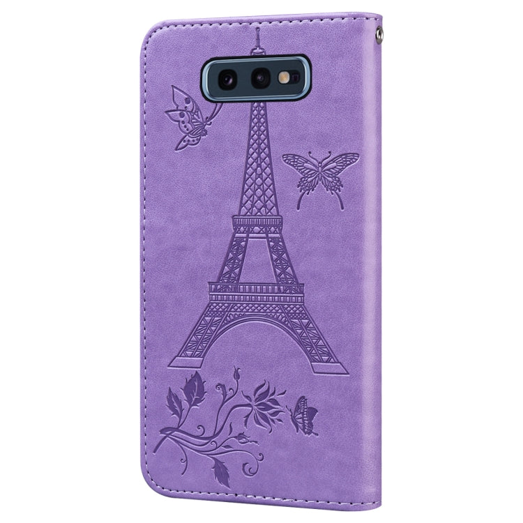 For Samsung Galaxy S10e Embossing Tower Butterflies Pattern Horizontal Flip PU Leather Case with Holder & Card Slot & Wallet