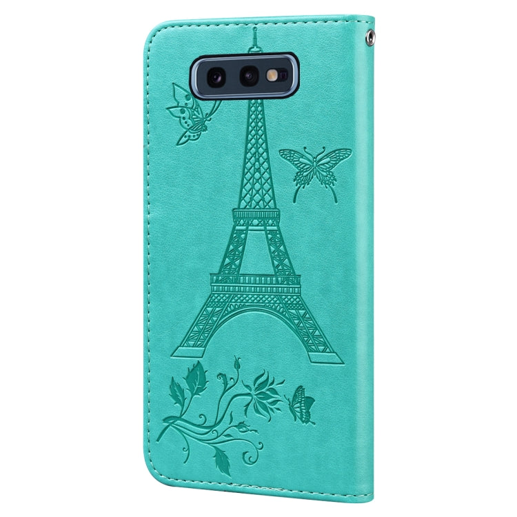 For Samsung Galaxy S10e Embossing Tower Butterflies Pattern Horizontal Flip PU Leather Case with Holder & Card Slot & Wallet