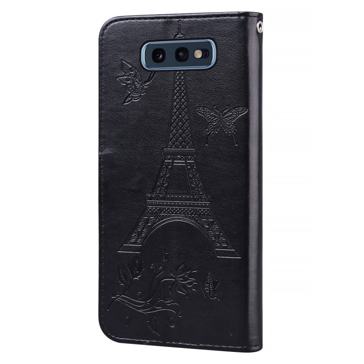 For Samsung Galaxy S10e Embossing Tower Butterflies Pattern Horizontal Flip PU Leather Case with Holder & Card Slot & Wallet