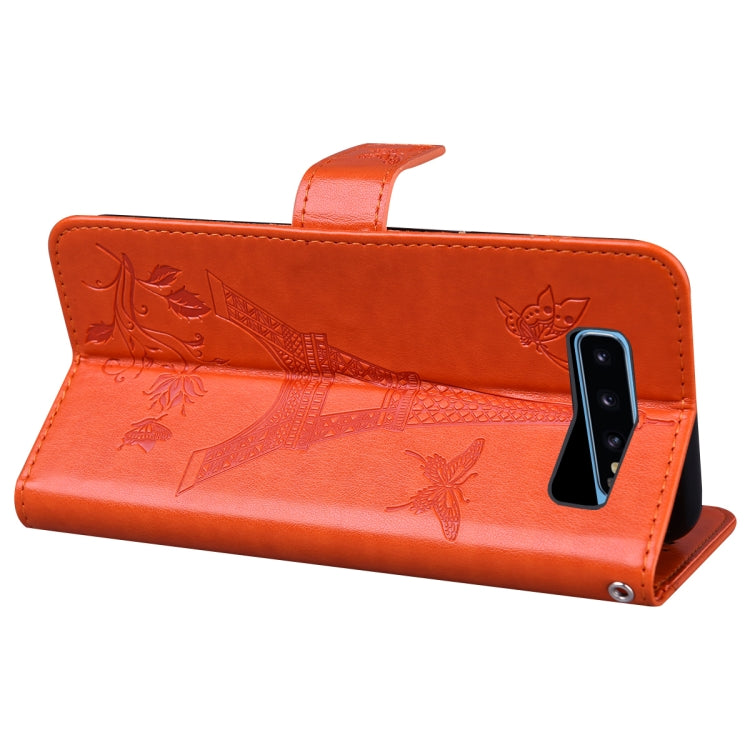 For Samsung Galaxy S10+ Embossing Tower Butterflies Pattern Horizontal Flip PU Leather Case with Holder & Card Slot & Wallet