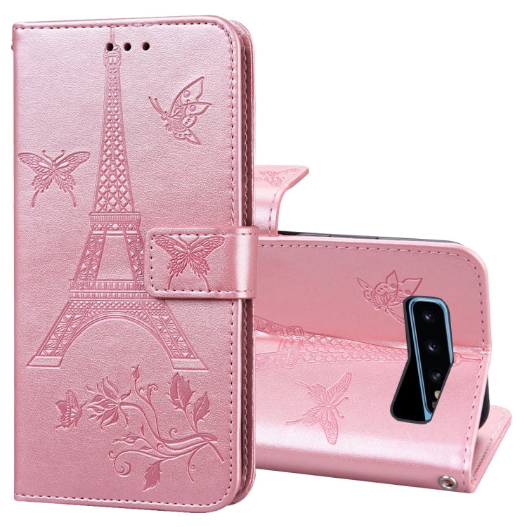 For Samsung Galaxy S10+ Embossing Tower Butterflies Pattern Horizontal Flip PU Leather Case with Holder & Card Slot & Wallet