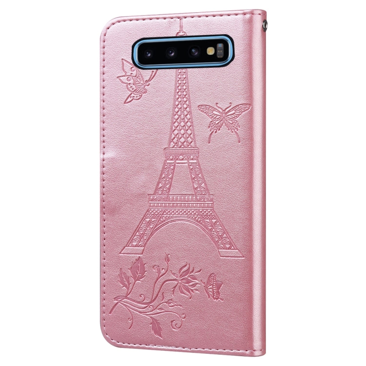 For Samsung Galaxy S10+ Embossing Tower Butterflies Pattern Horizontal Flip PU Leather Case with Holder & Card Slot & Wallet