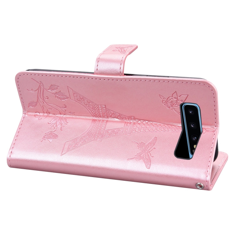 For Samsung Galaxy S10+ Embossing Tower Butterflies Pattern Horizontal Flip PU Leather Case with Holder & Card Slot & Wallet