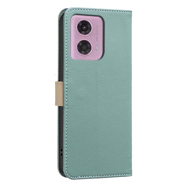 For Motorola Moto G04 / G24 / E14 Splicing Color Hollow Flower Pattern RFID Leather Phone Case