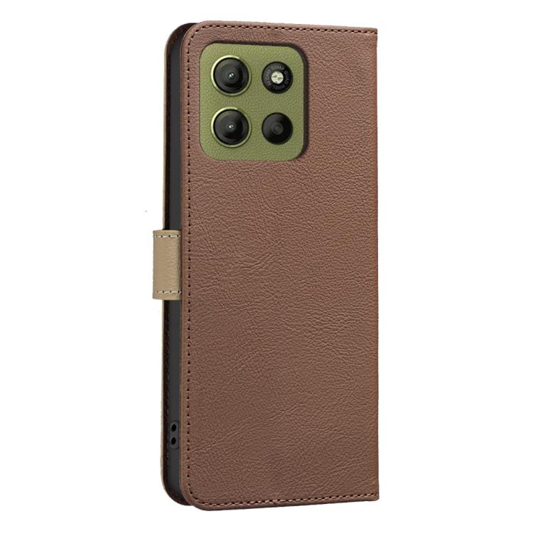 For Motorola Moto G15 Splicing Color Hollow Flower Pattern RFID Leather Phone Case