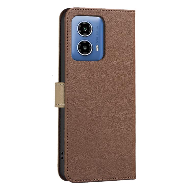 For Motorola Moto G34 Splicing Color Hollow Flower Pattern RFID Leather Phone Case