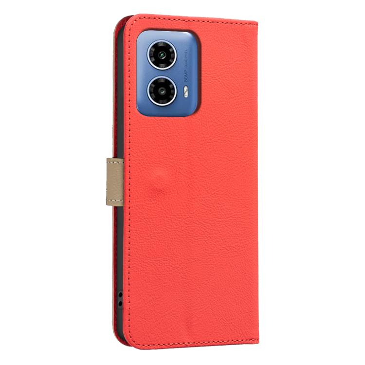 For Motorola Moto G34 Splicing Color Hollow Flower Pattern RFID Leather Phone Case